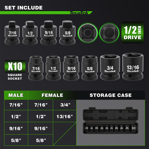 TecoTek 10-piece square drive sockets arranged for easy sizing