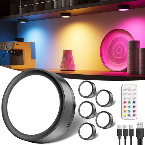 Tedmos USB rechargeable RGB puck light with remote shows vivid color options.