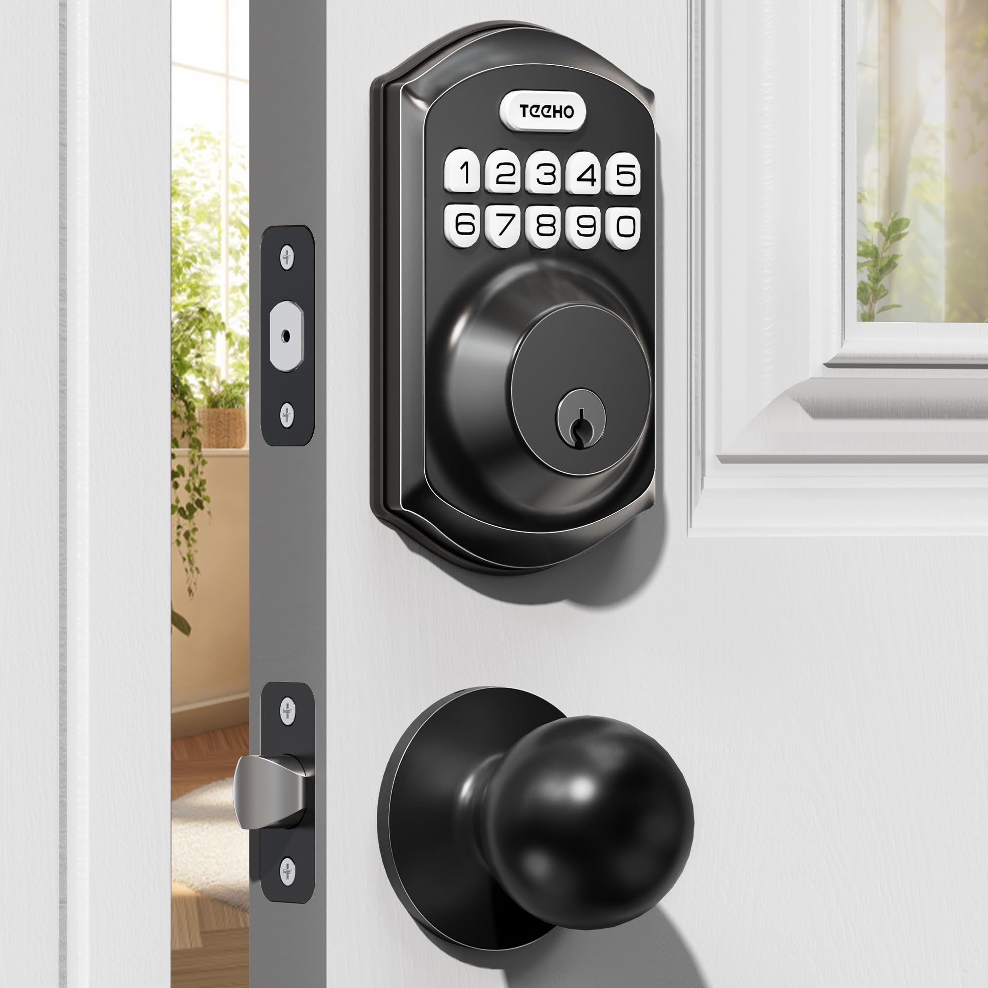 TEEHO TE001K front door lock installed with matte black finish for secure keyless entry