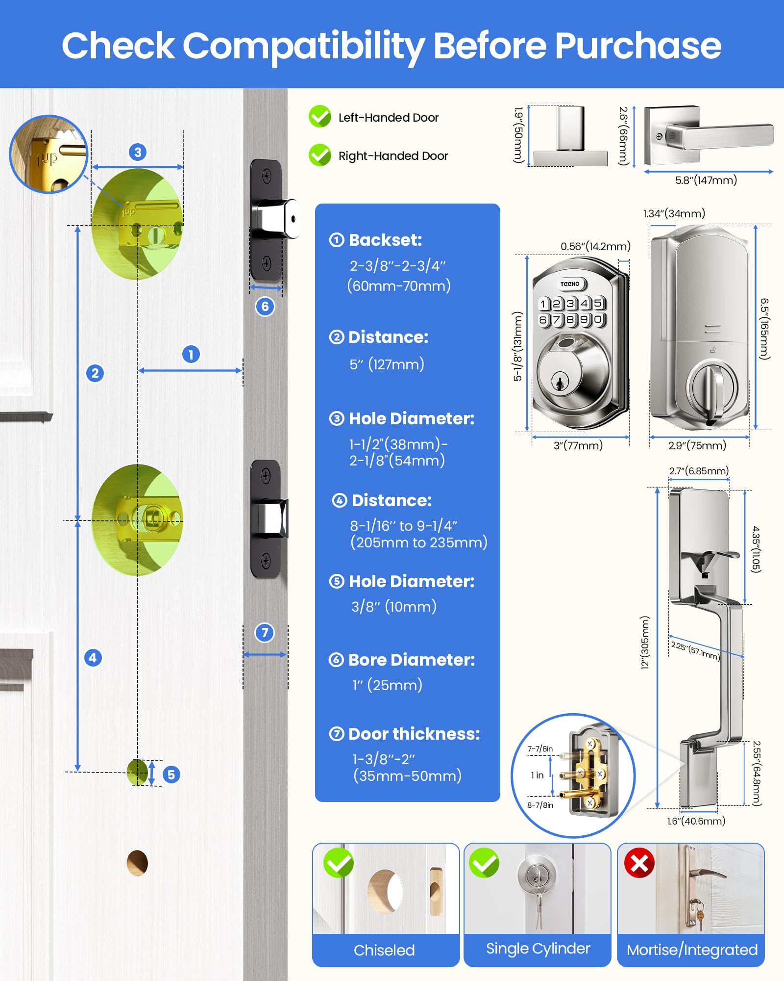 TEEHO TE012W-H easy installation on standard US doors