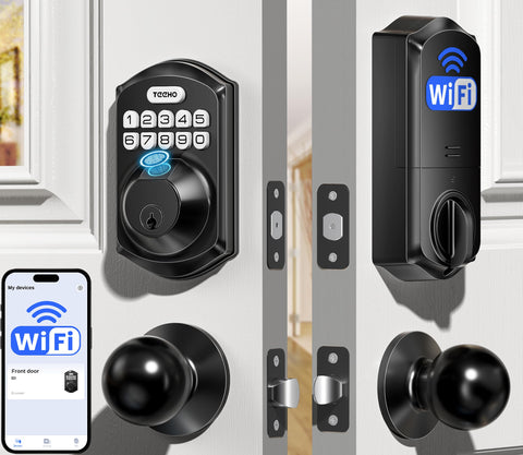 TEEHO TE012W-K front door lock with handle for secure keyless entry.