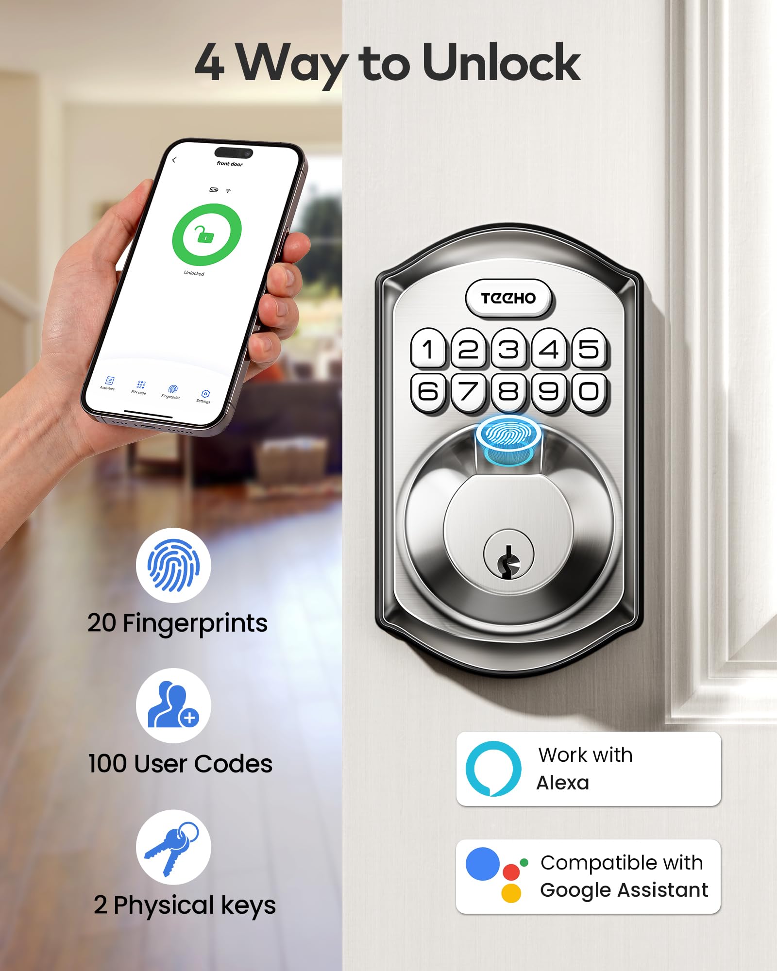 Voice control with Alexa or Google Assistant for hands-free entry.