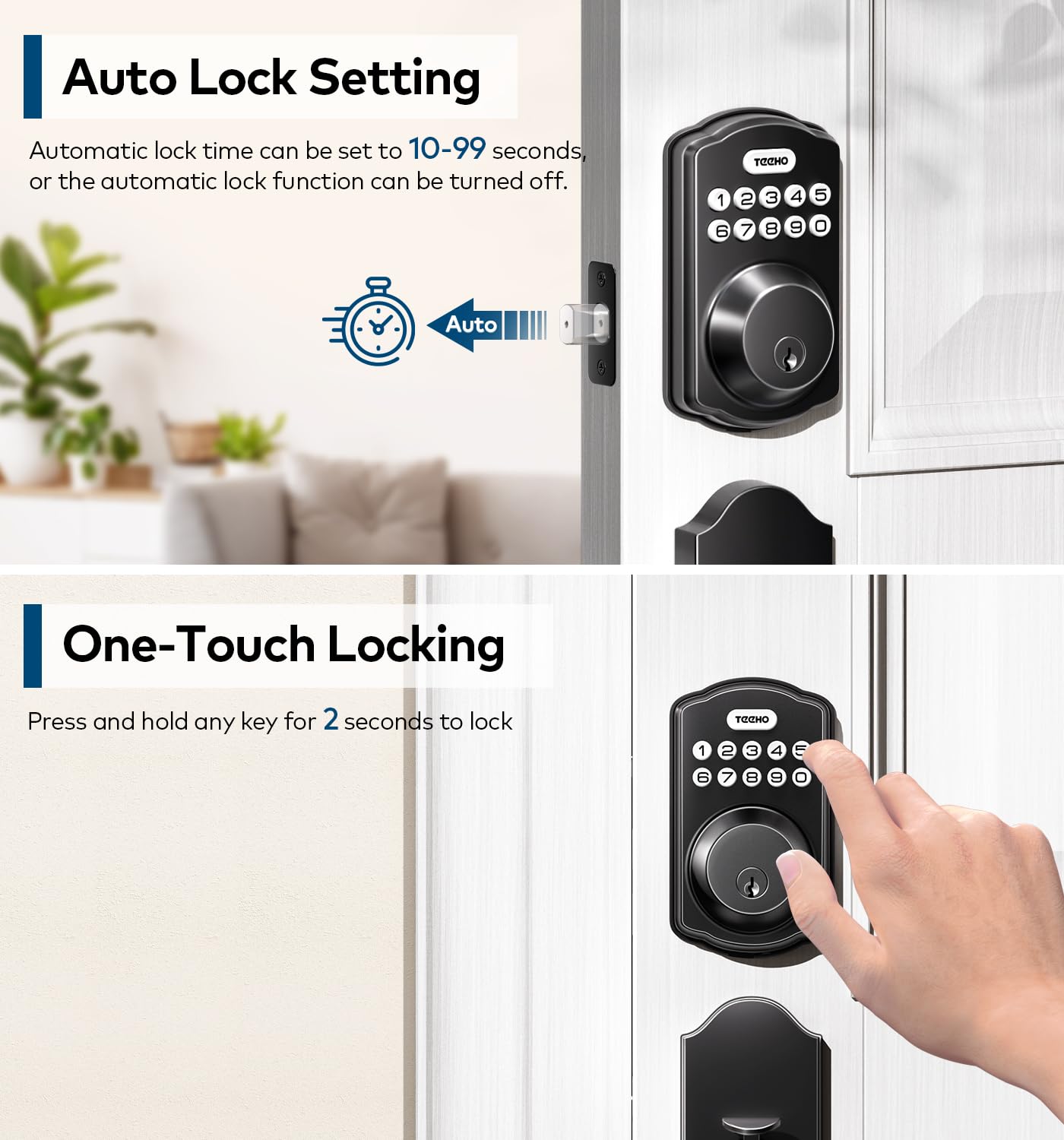 TEEHO TK001H keypad entry shows 4 unlock methods.