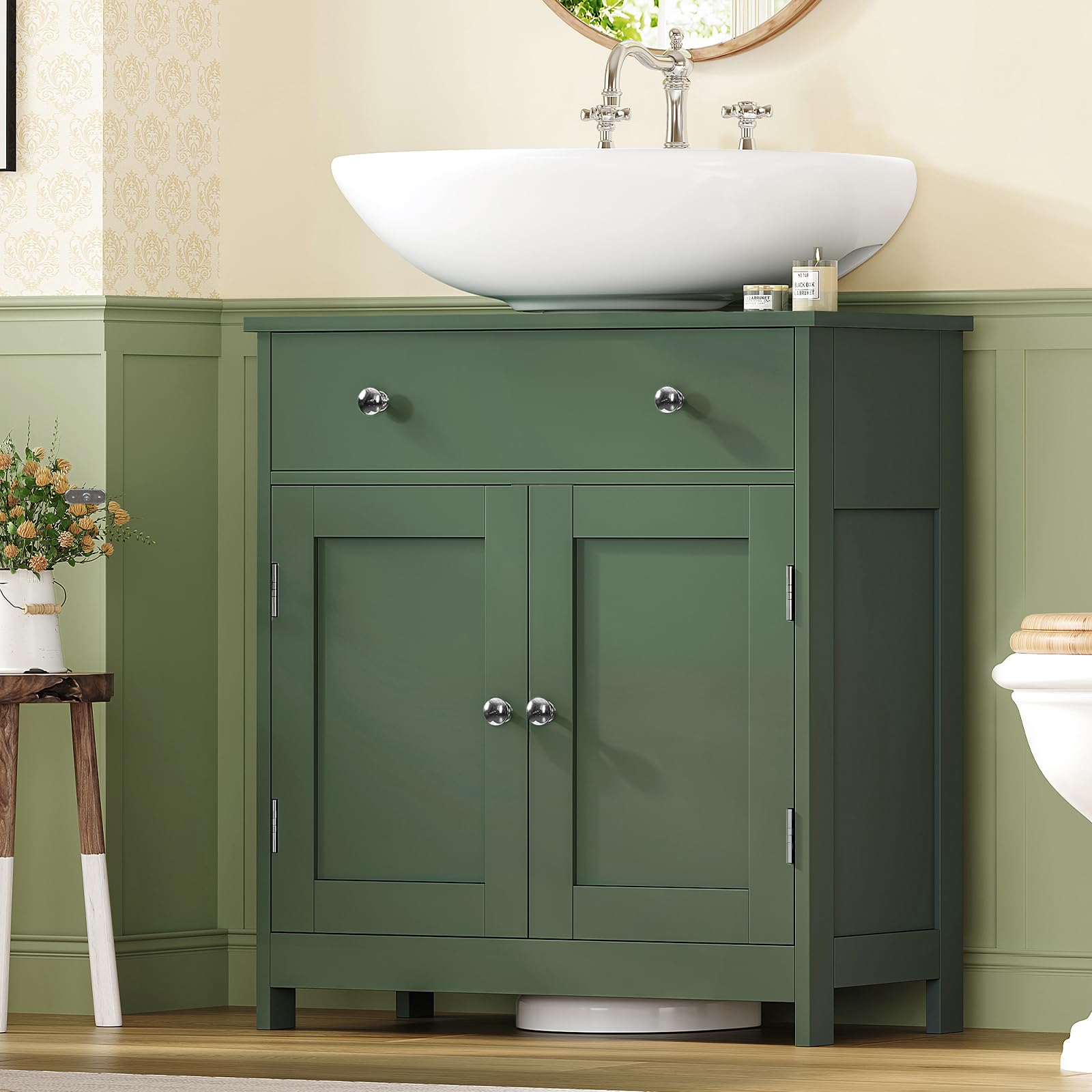 TEENFON robust, modern storage hides plumbing for tidy sink area.