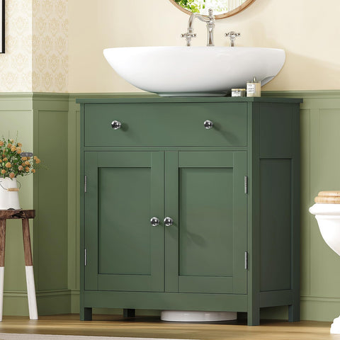 TEENFON robust, modern storage hides plumbing for tidy sink area.