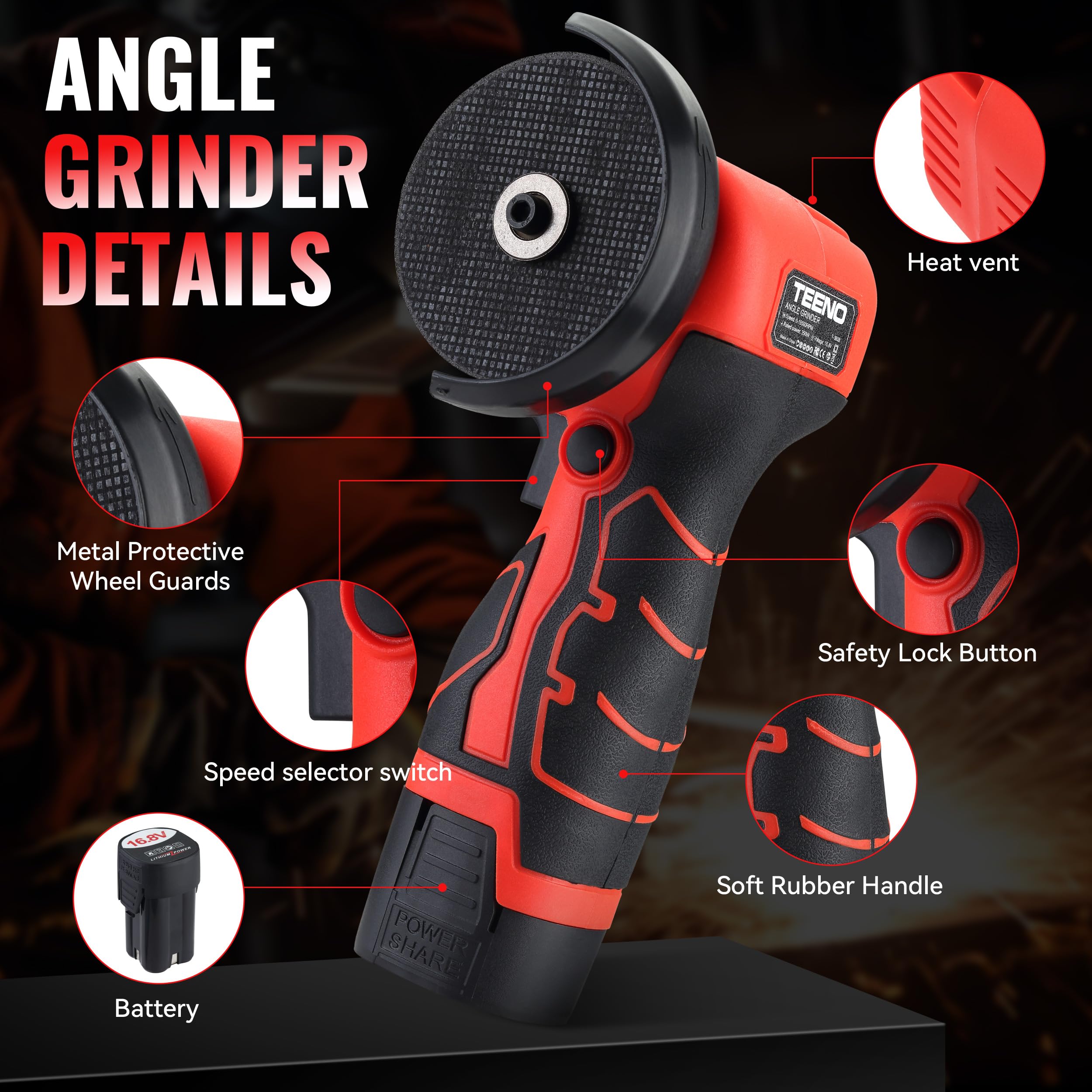 TEENO mini grinder high-speed 19,500 rpm for fast material removal.