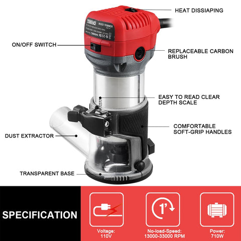 TEENO wood router motor delivers 710W copper-wind power for smooth, consistent cuts
