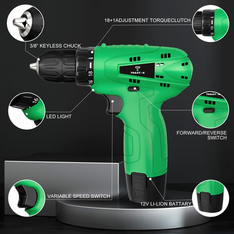 Tegatok 12V cordless drill shown with included battery for everyday portability.