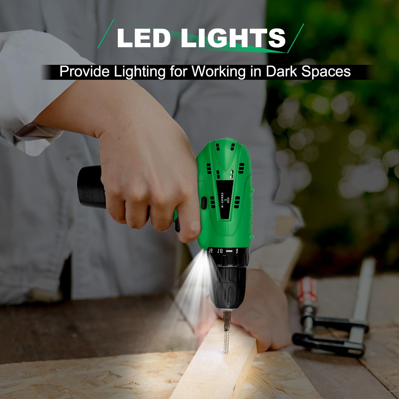 Tegatok cordless drill with a 3/8-inch keyless chuck for quick bit changes.
