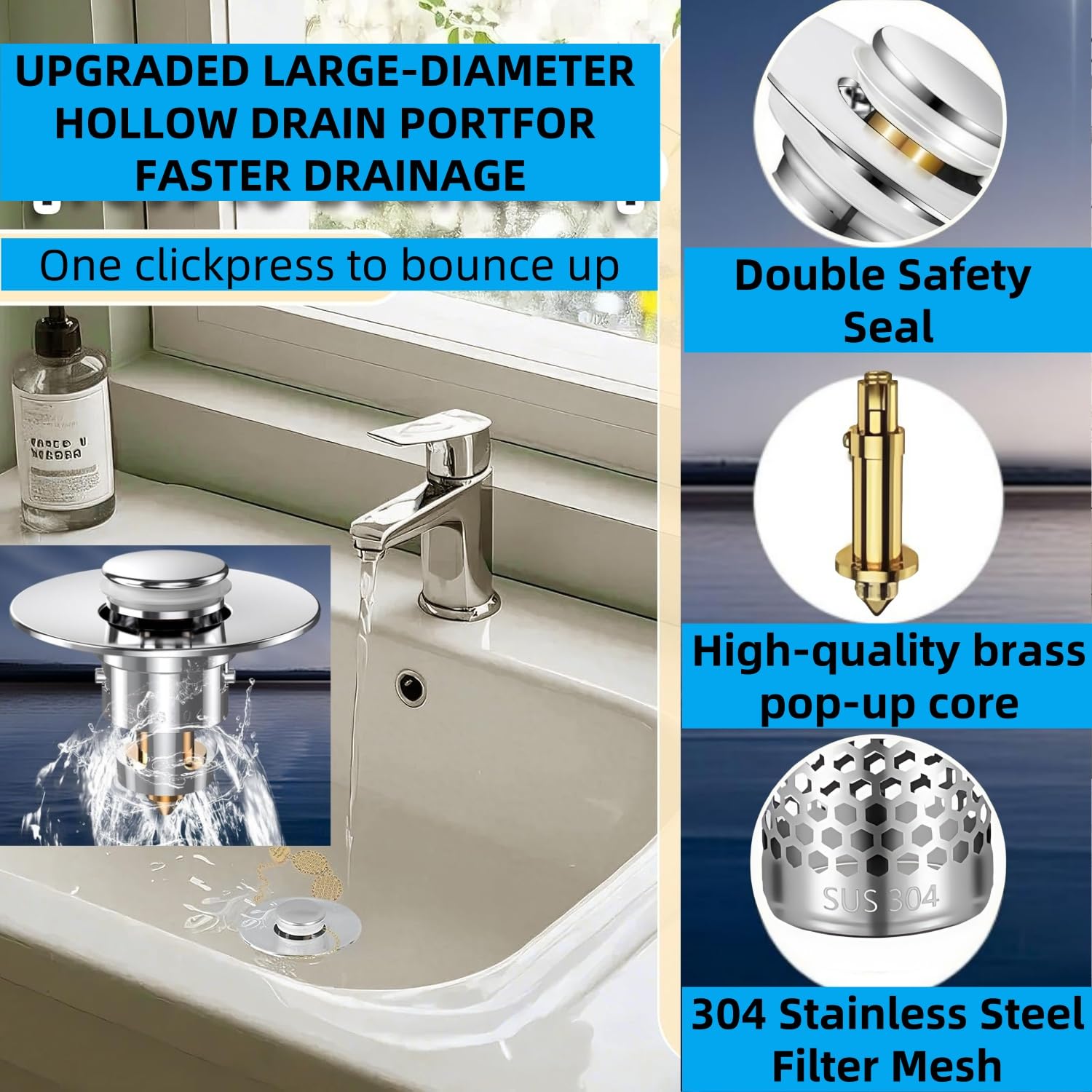 Teilybao bathroom sink drain strainer solid brass core close-up conveys durability