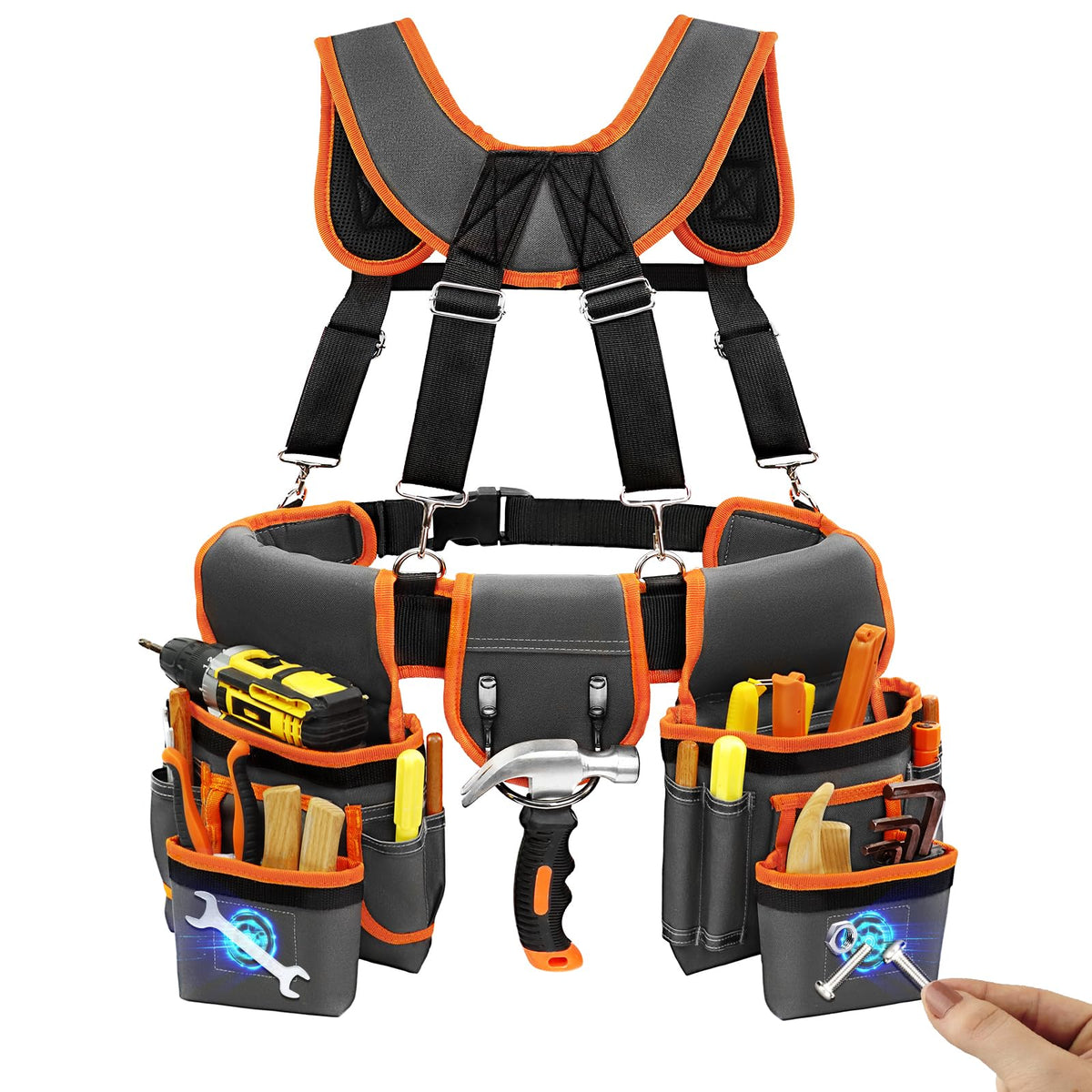TEKCHIC tool belt front view with magnetic pockets for quick access.