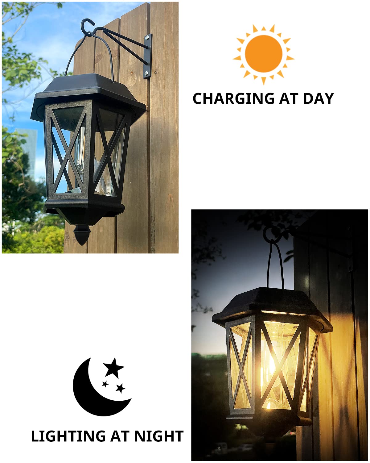 Hanging TEKLAPS lantern on a shepherd hook to light a walkway.