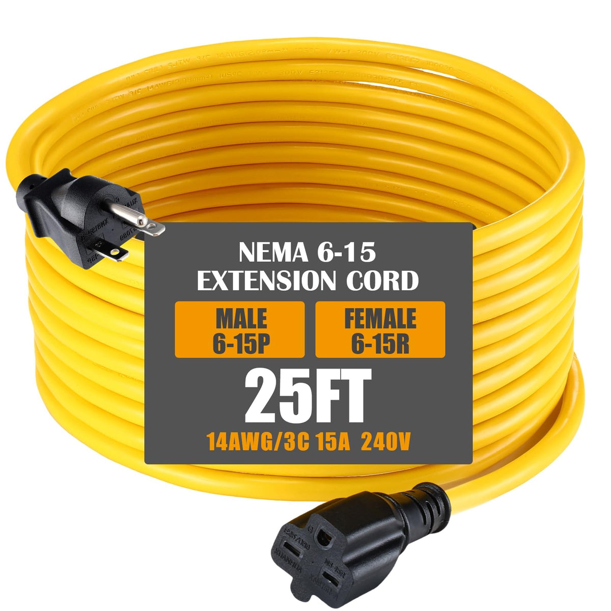 Tellegloww 25ft NEMA 6-15 extension cord for 240V power