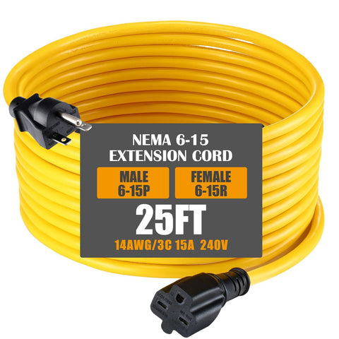 Tellegloww 25ft NEMA 6-15 extension cord for 240V power