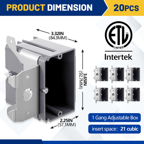 Tellegloww 1-gang adjustable junction box, PVC, supports depth customization for neat wiring.