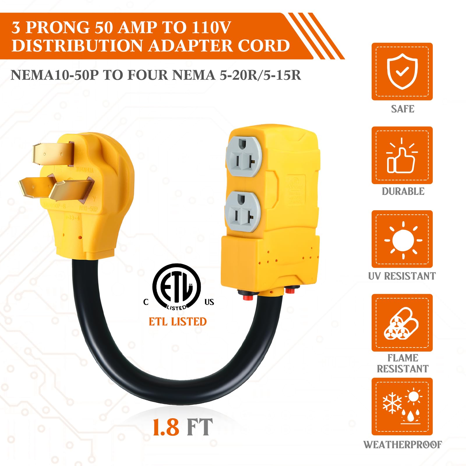 Tellegloww NEMA 10-50P 3-prong plug illustration facilitating 220/250V connections
