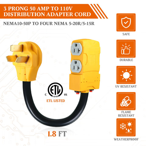 Tellegloww NEMA 10-50P 3-prong plug illustration facilitating 220/250V connections