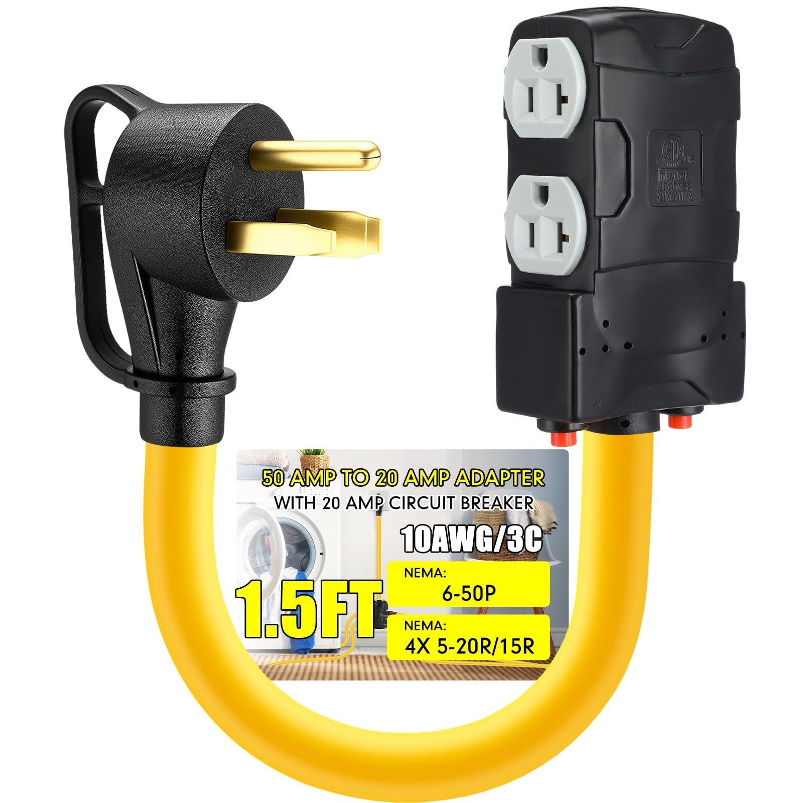 Tellegloww 50A to 20A welder adapter connected to a NEMA 6-50P for robust tool power
