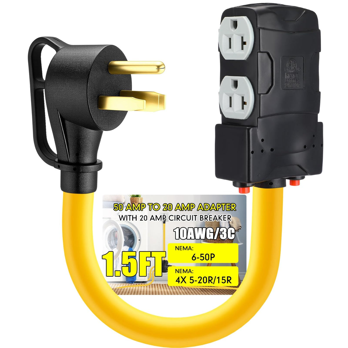 Tellegloww 50A to 20A welder adapter connected to a NEMA 6-50P for robust tool power