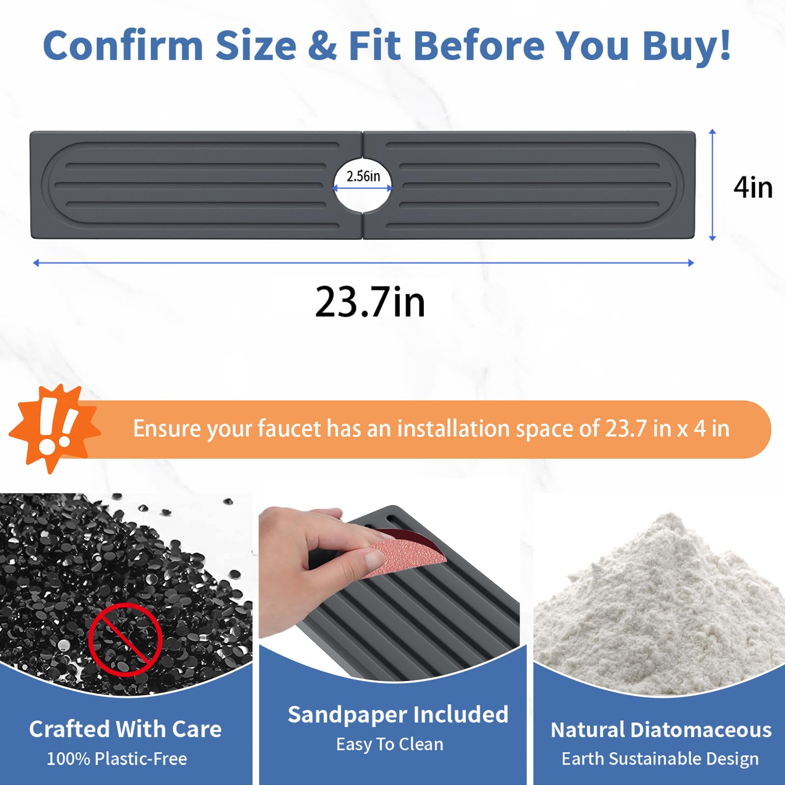 Telomet faucet mat wide size demonstrates easy integration under faucet.