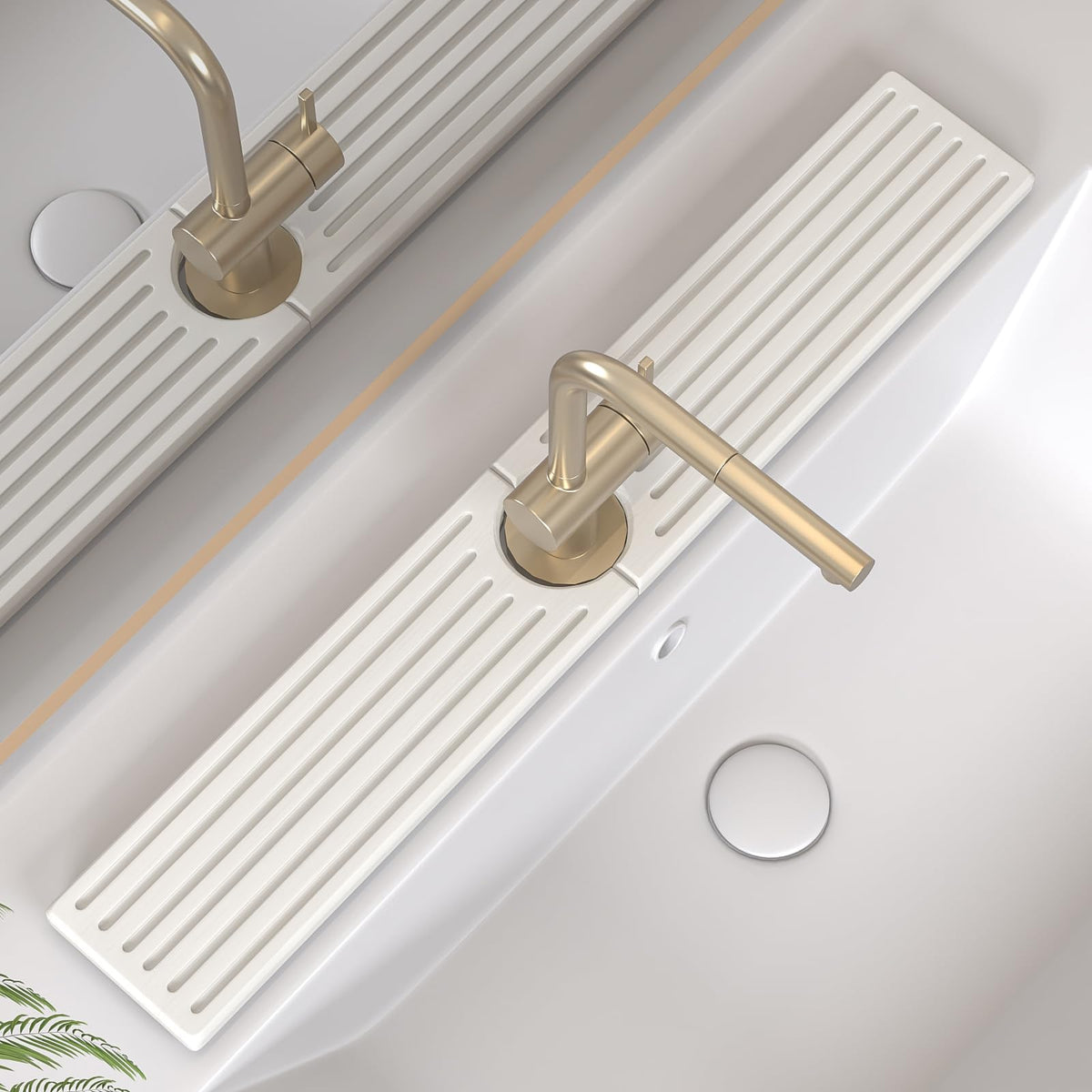 Telomet kitchen faucet mat with diatomite surface absorbs water quickly for a dry countertop.