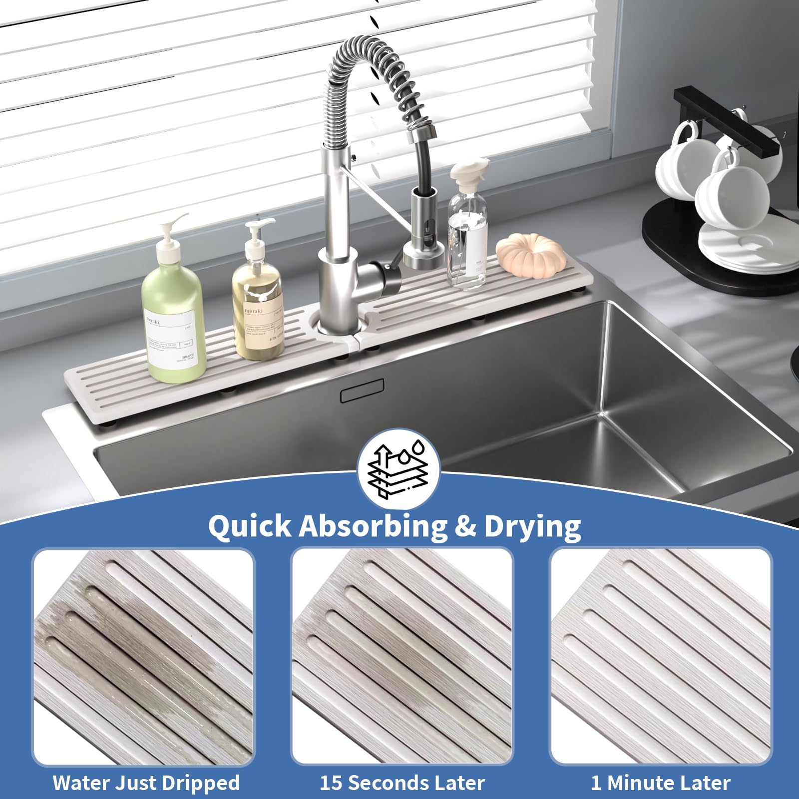 Telomet stone mat catches water drips from dish soap