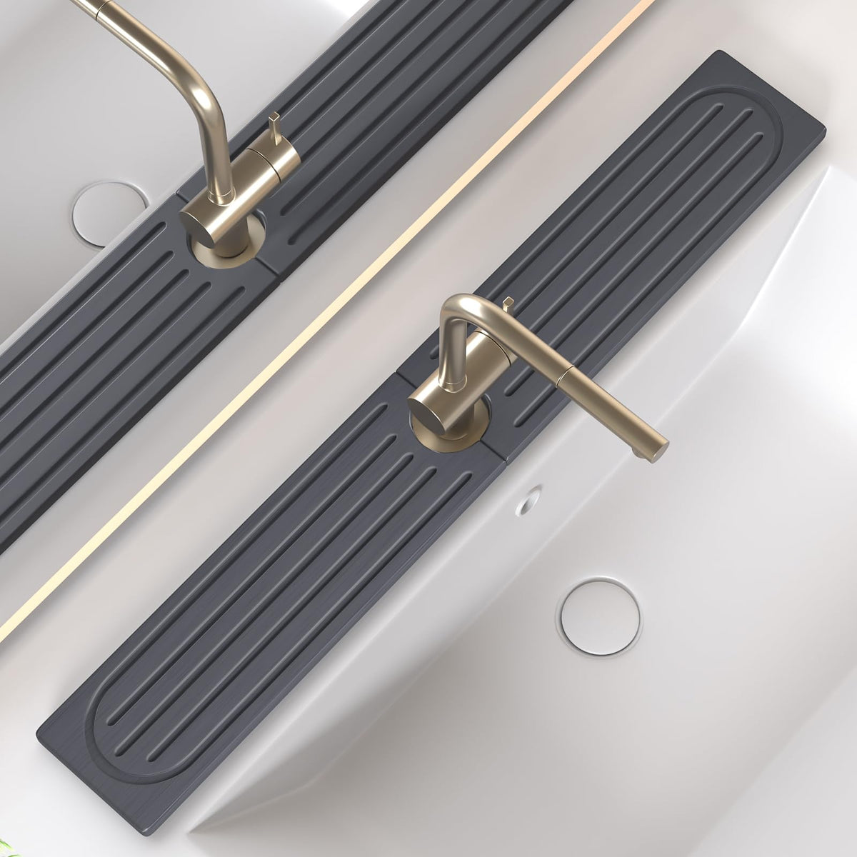 Telomet sink splash guard close-up shows fast drying diatomite performance.