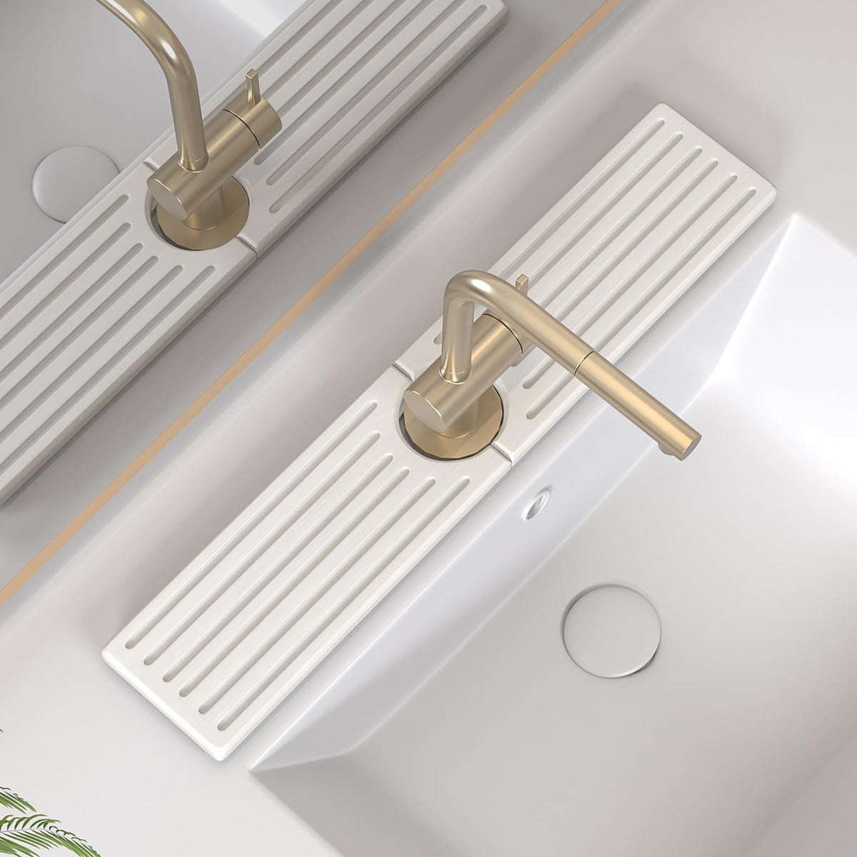 Telomet stone faucet mat closeup showing rapid absorption to reduce water mess.