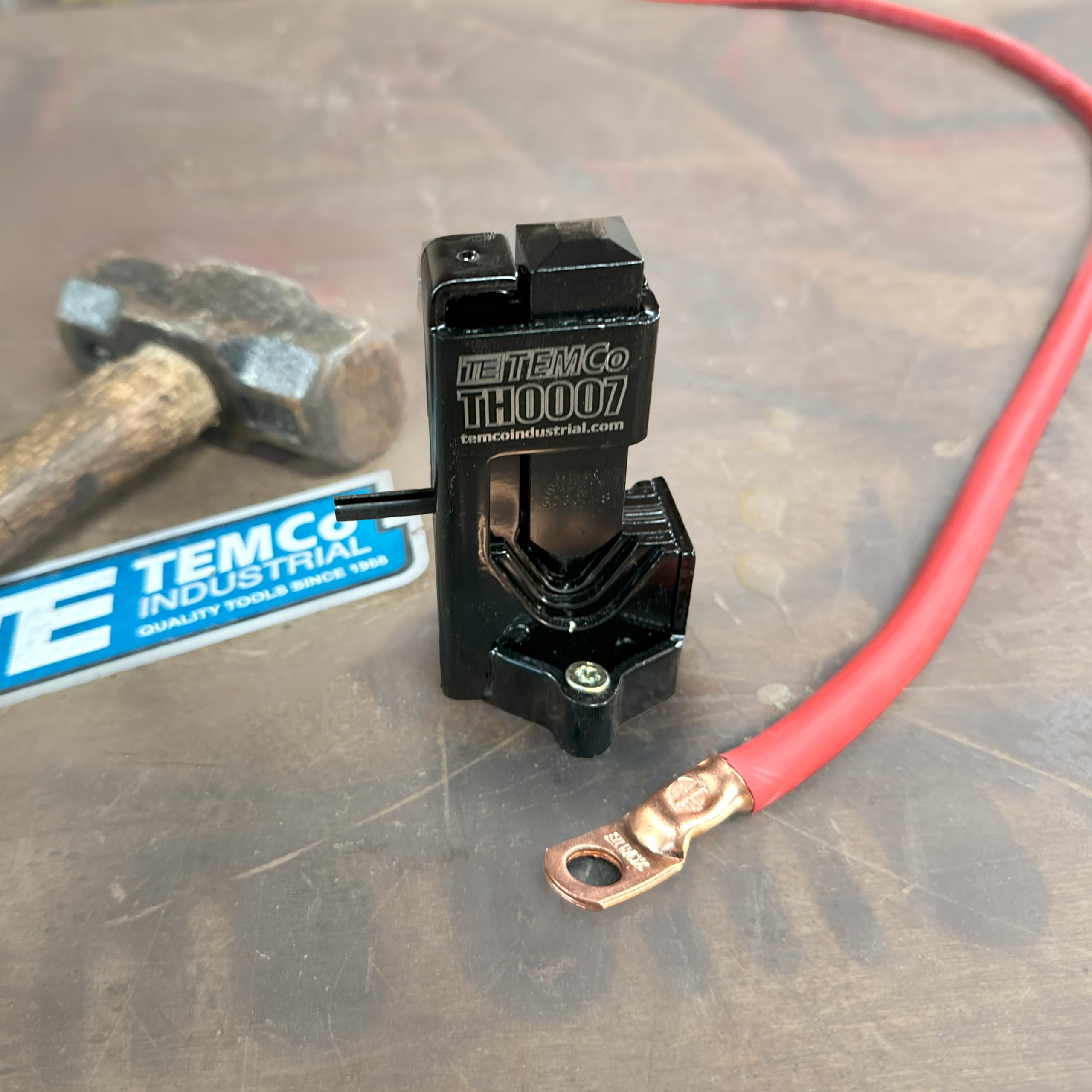 TEMCo Hammer Lug Crimper Tool with battery cables for secure connections.