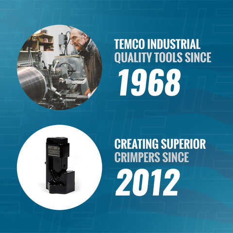 TEMCo Hammer Lug Crimper Tool with welding cables in a workshop.
