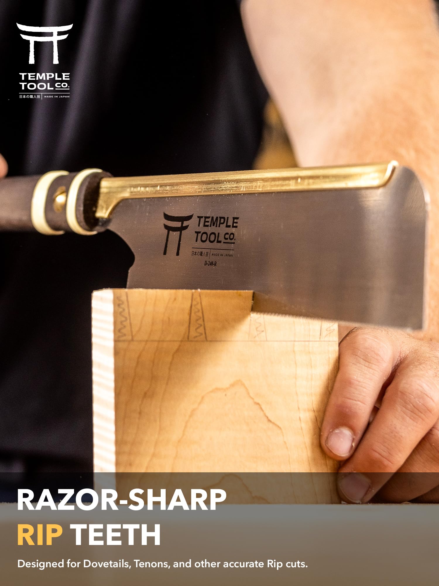 Temple Tool saw with brass fittings on dark wood handle.