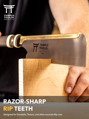 Temple Tool saw with brass fittings on dark wood handle.