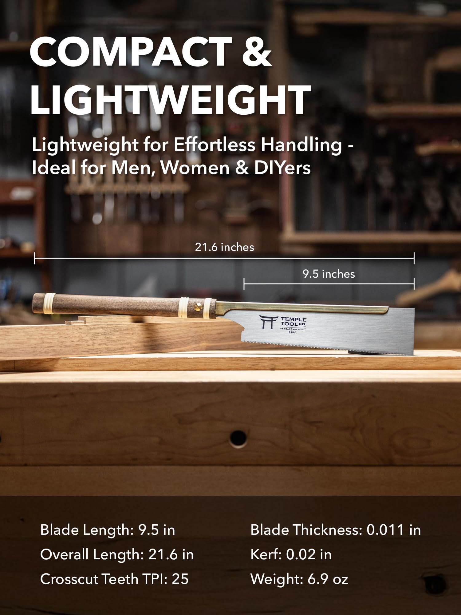 Temple Tool crosscut 9.5 saw with brass components highlight quality craftsmanship.