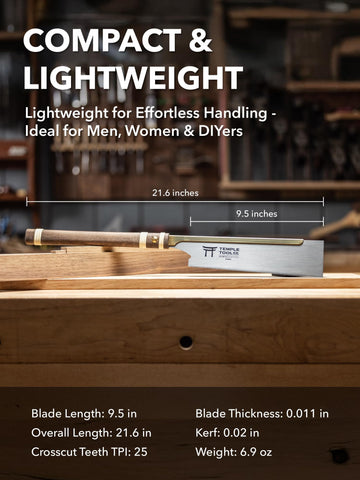 Temple Tool crosscut 9.5 saw with brass components highlight quality craftsmanship.