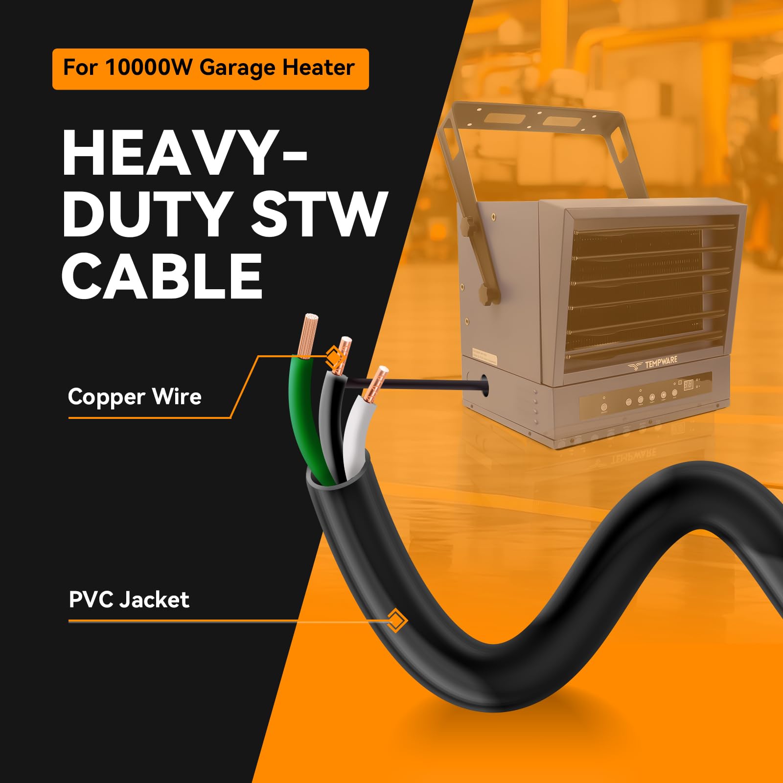 TEMPWARE heavy-duty 50A 250V extension cable for reliable heater power