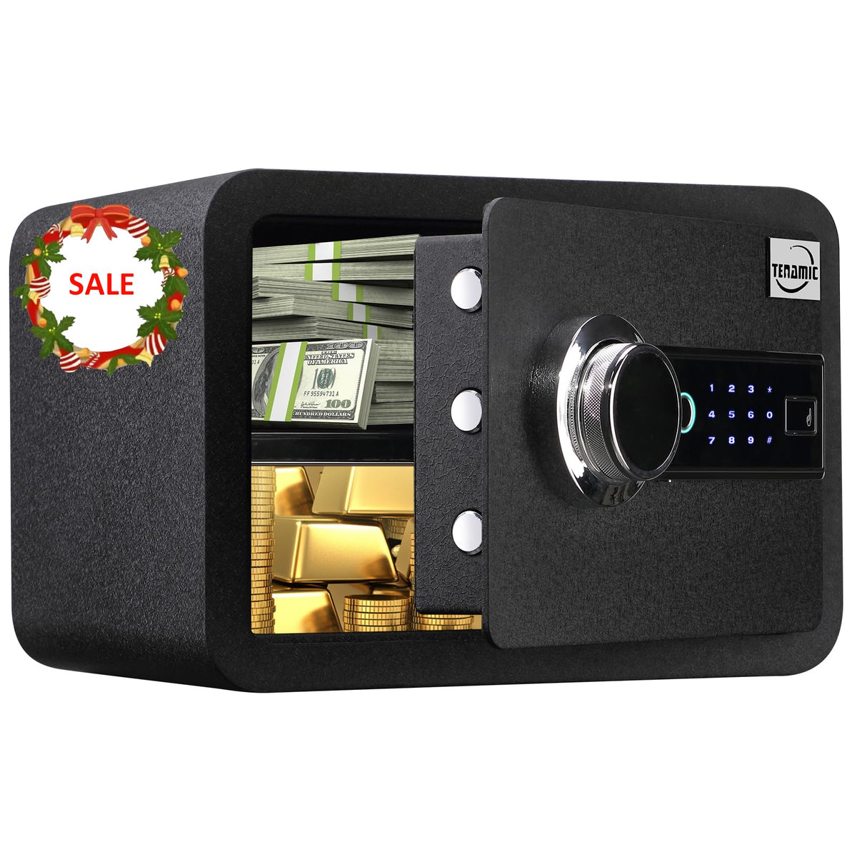 Tenamic biometric safe front view showing sturdy construction and secure design.