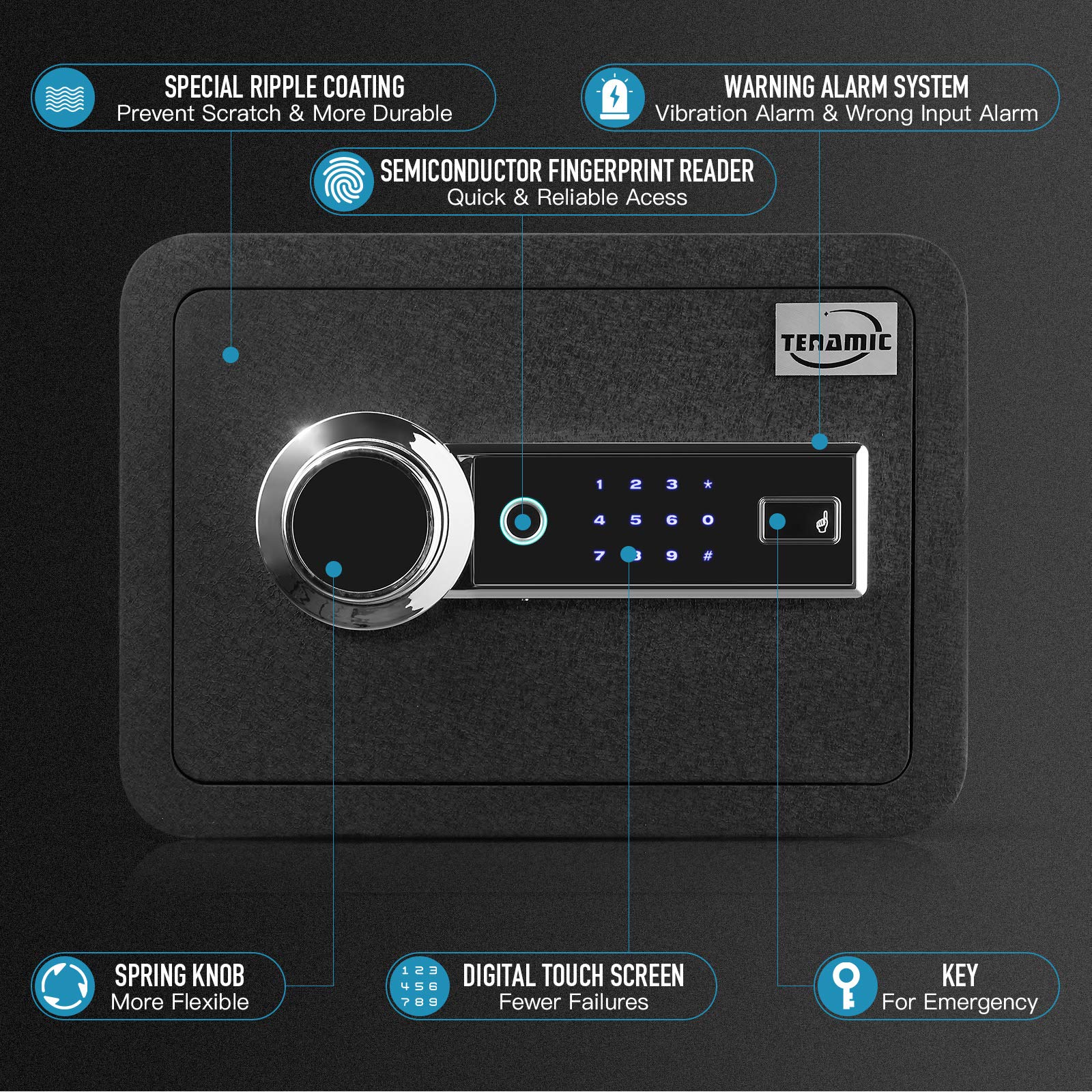 Exterior dimensions of Tenamic safe are 11x13-8x10 inches for a compact footprint.