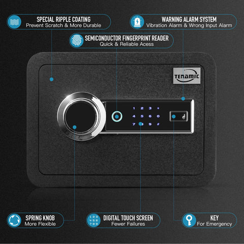 Exterior dimensions of Tenamic safe are 11x13-8x10 inches for a compact footprint.