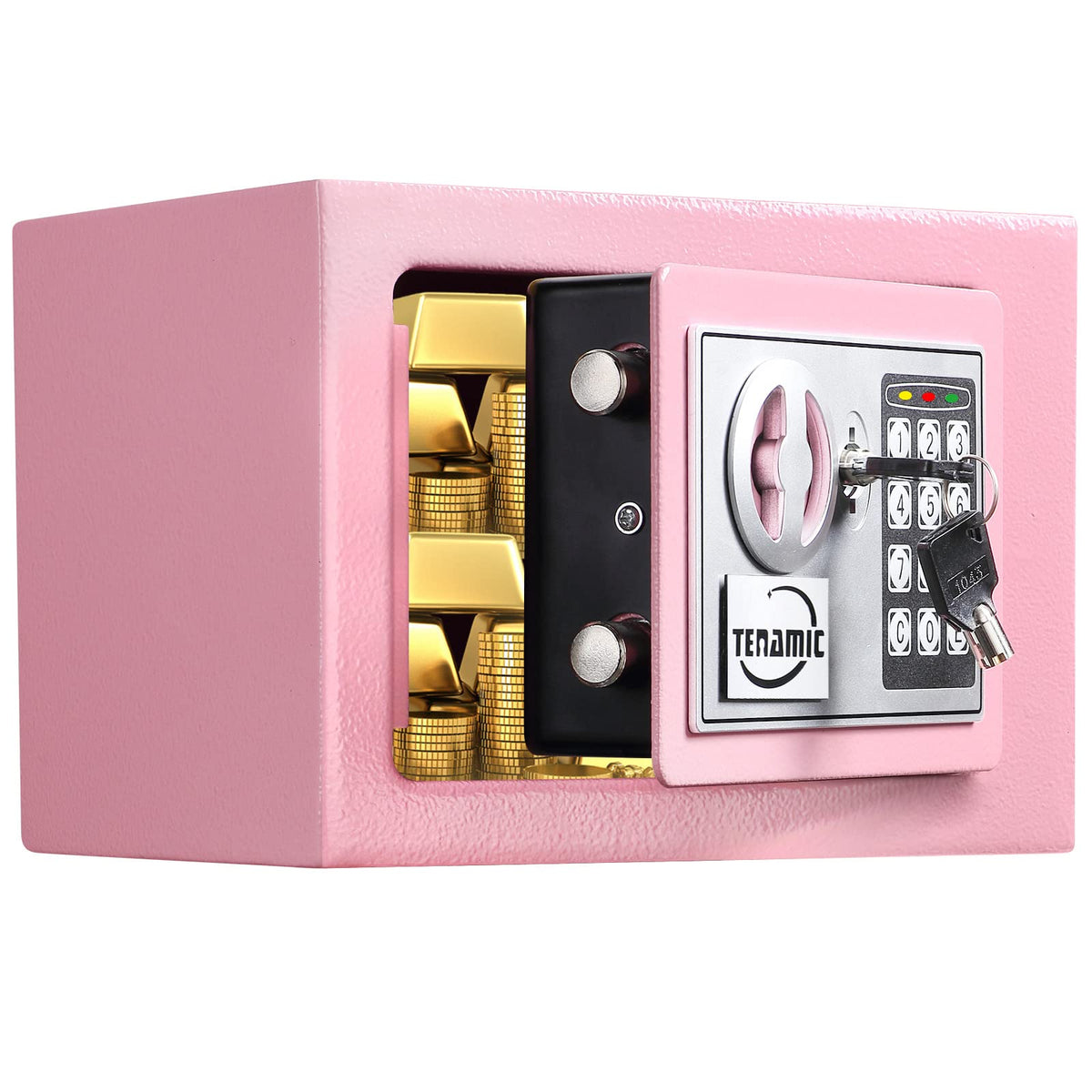 Tenamic safe box front view in pink for compact home security.