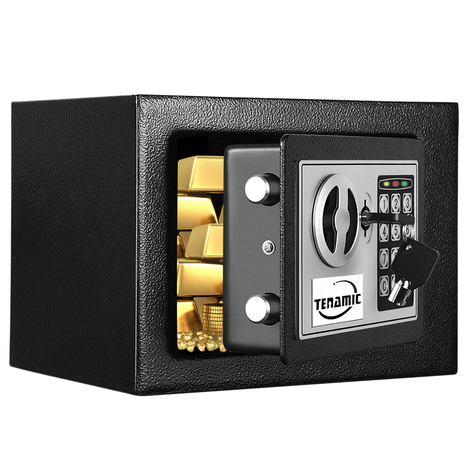Tenamic Safe Box front view showing sturdy steel construction and compact size.