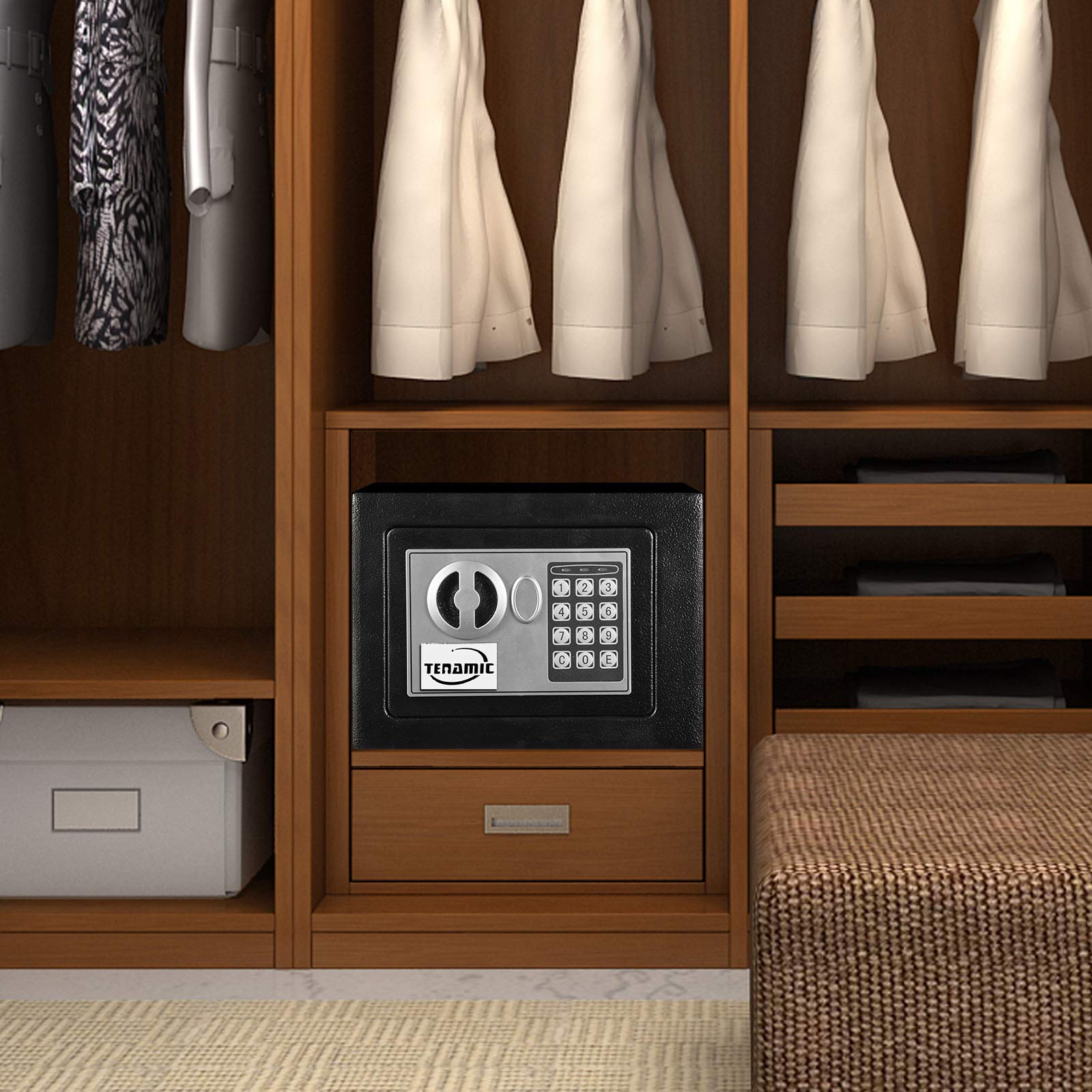 Tenamic Safe Box in a hotel room setup for secure storage.