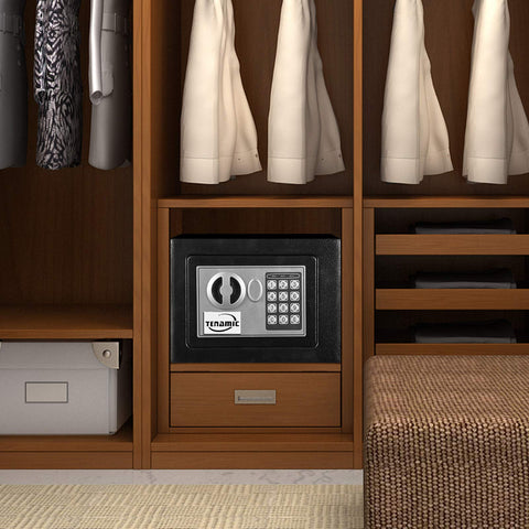 Tenamic Safe Box in a hotel room setup for secure storage.