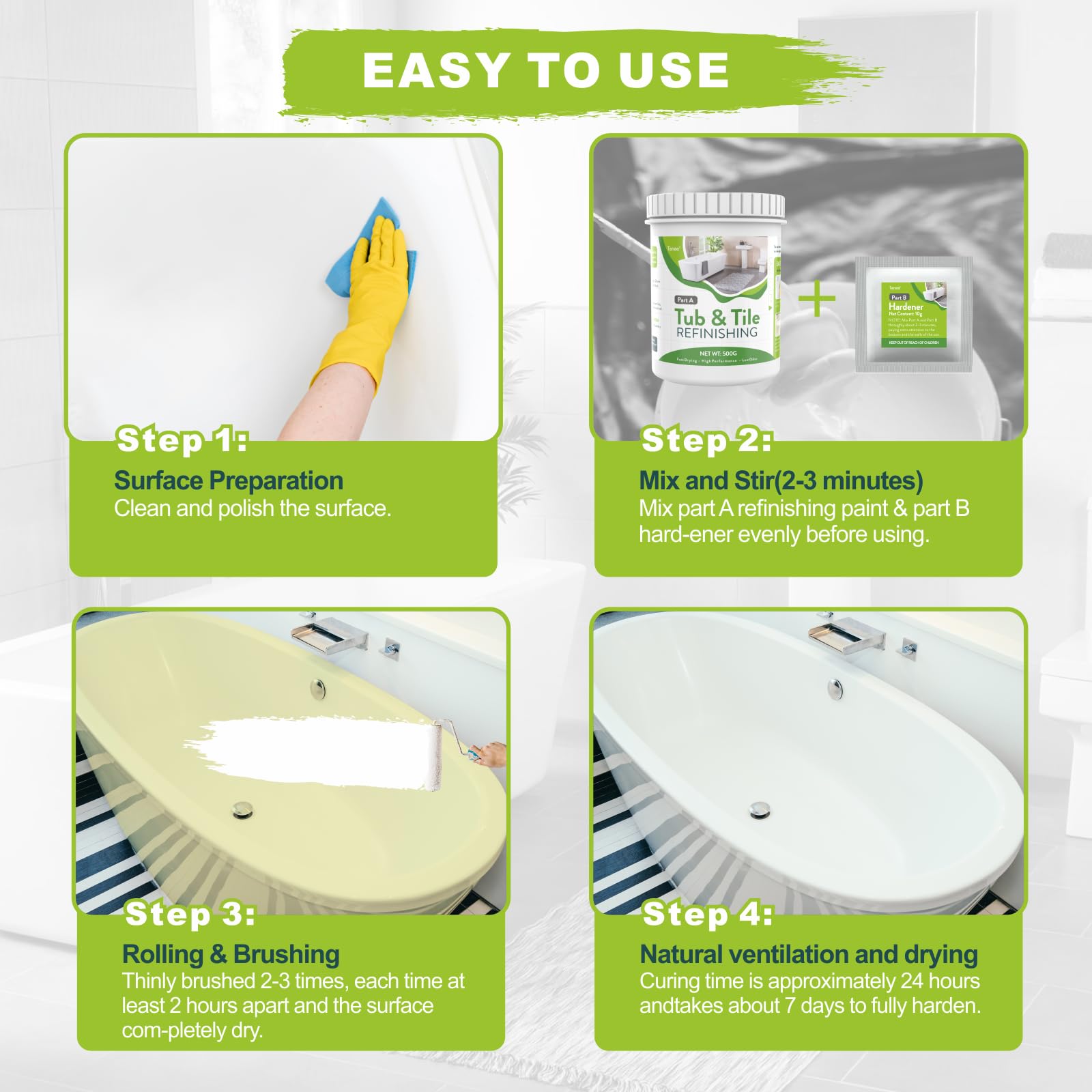 Tenee white tub-tile finish enhances bathrooms and kitchens