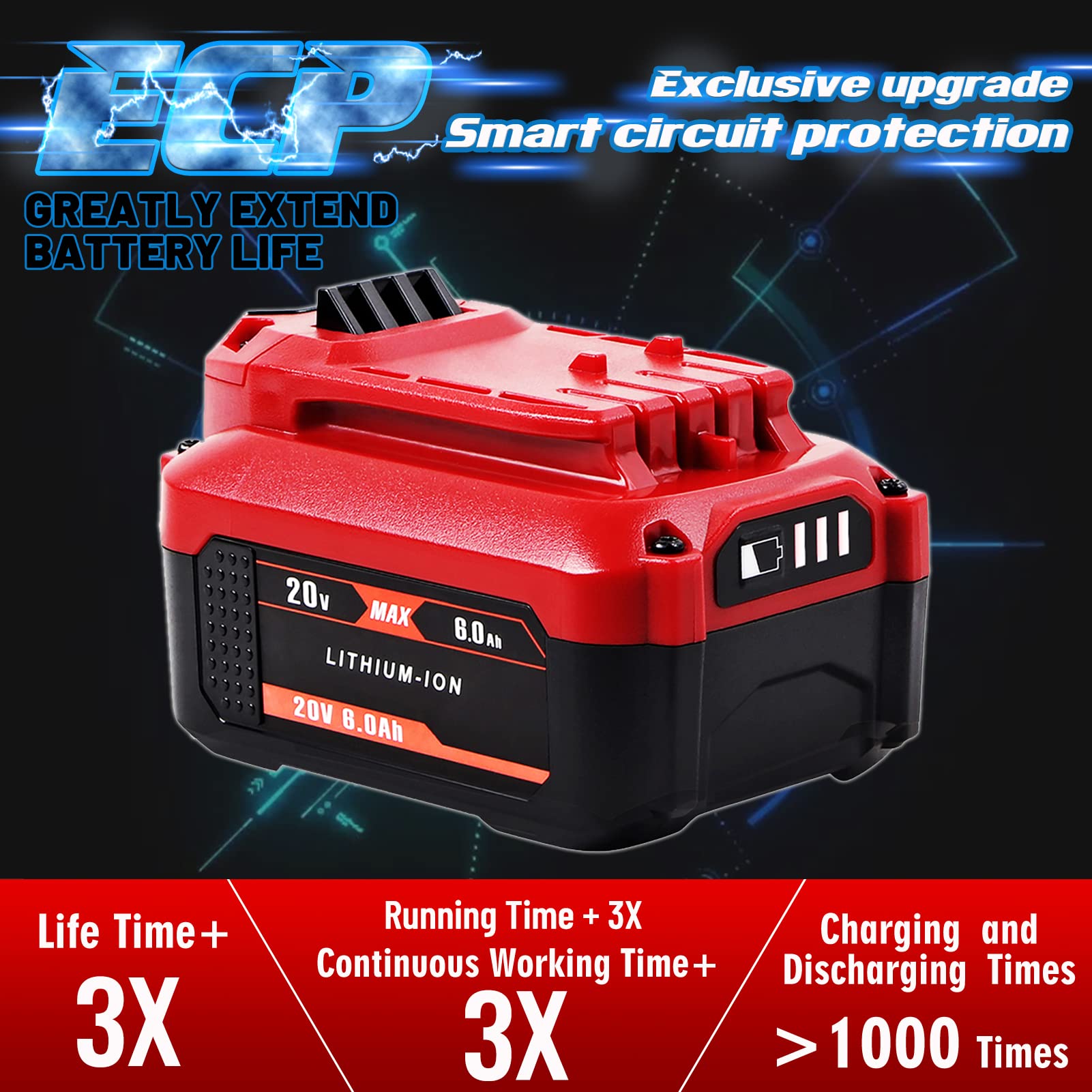 TenHutt 20V 6.0Ah battery cmcb206 shows 3 LED indicators for charge status