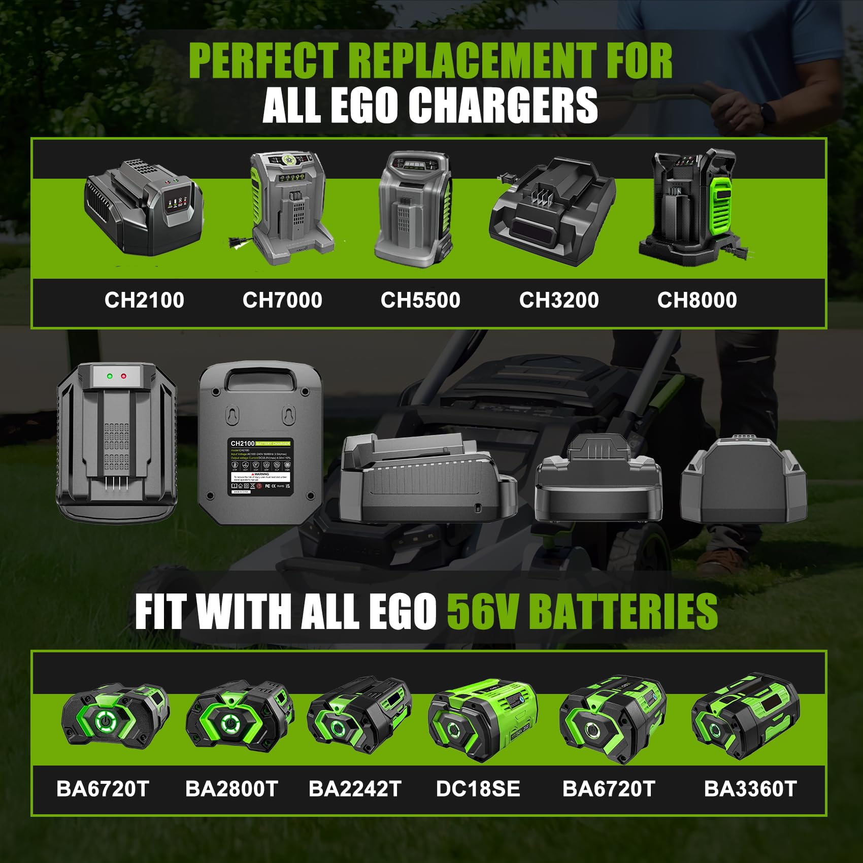 TenHutt CH2100 compatibility label highlights broad EGO 56V battery support.