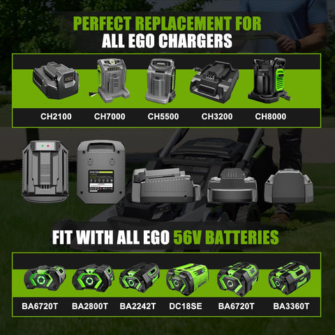 TenHutt CH2100 compatibility label highlights broad EGO 56V battery support.