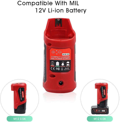 TenHutt adapter demonstrates compatibility with Milwaukee 12V batteries for versatile power.