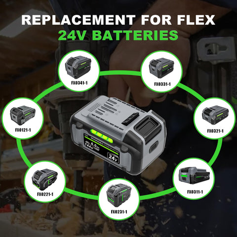 TenHutt 24V battery compatible with Flex tools and original 24V chargers for seamless use.