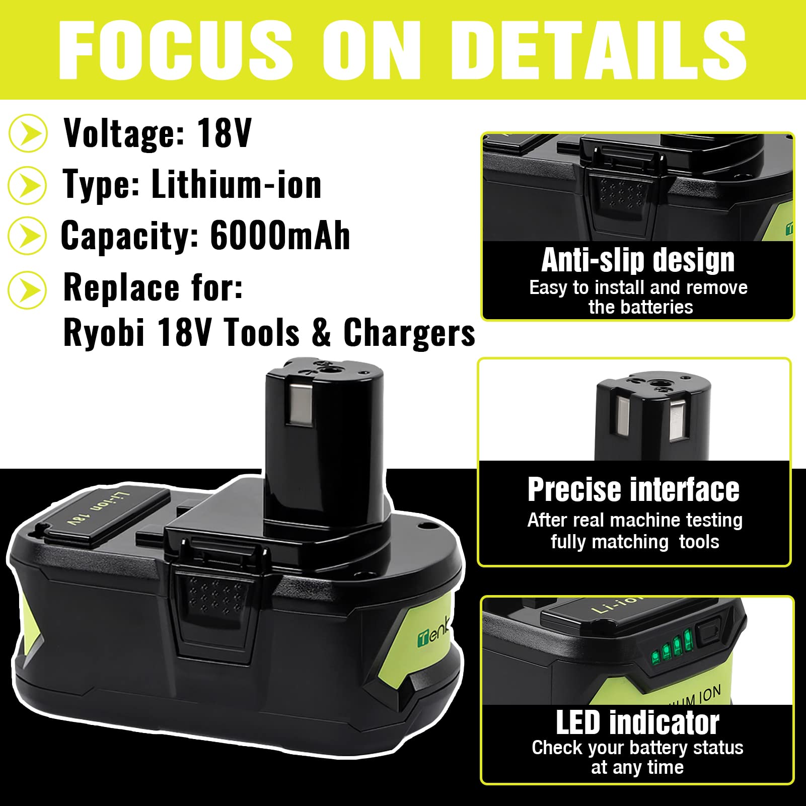 TenHutt 6000mAh high-capacity cells for longer tasks and fewer swaps