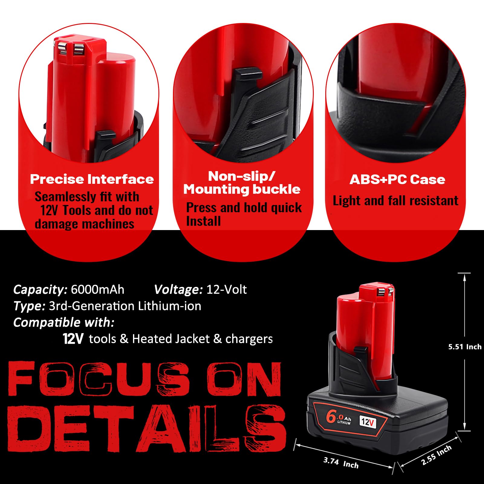 TenHutt Milwaukee M12 6.0Ah battery side view shows compact design